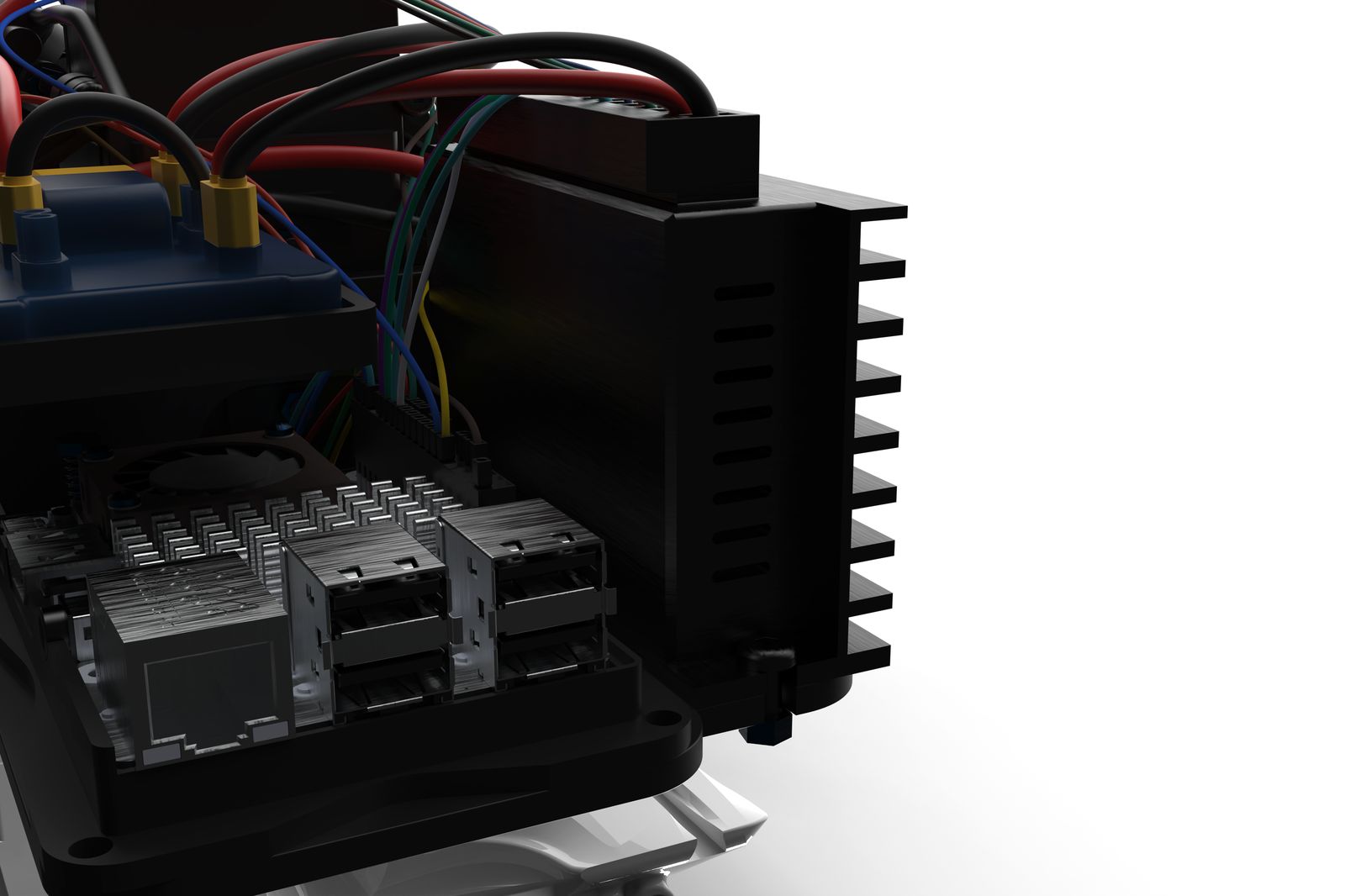 Close-up of the Dowr-1 main electronics: single-board computer, wiring and heat sink