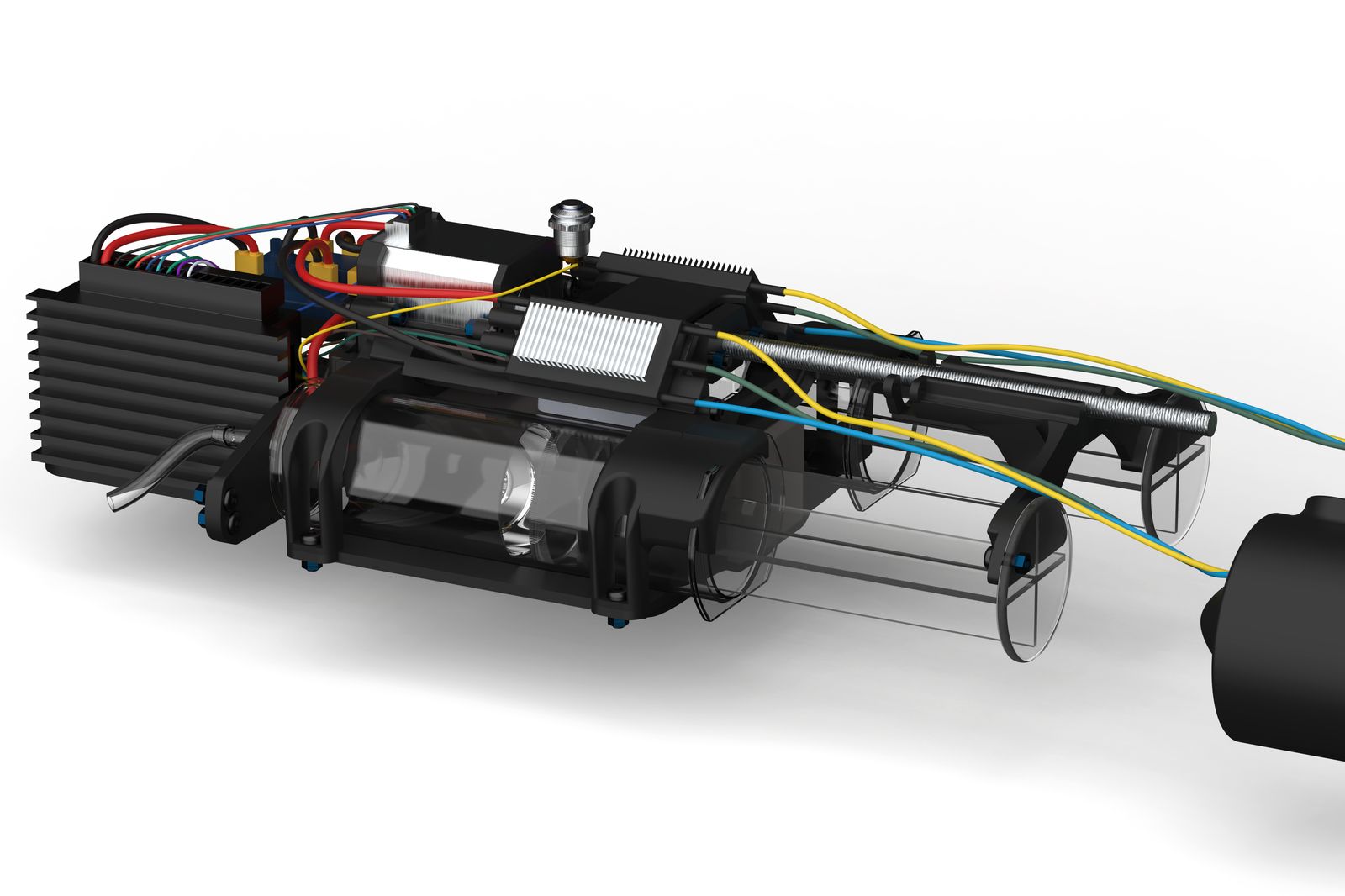 Dowr-1 internals with the hull removed: electronics bay, sealed tube and thruster mounts